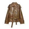 Womens Vintage Brown Faux Leather Jacket With Belted Waist Notched Collar Double-Breasted Streetwear Style