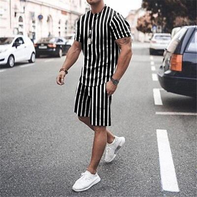 Men's Suits Tracksuit Shirt Shorts and T Shirt Set Set Striped Round Neck Casual Daily Short Sleeve Clothing Apparel Sports