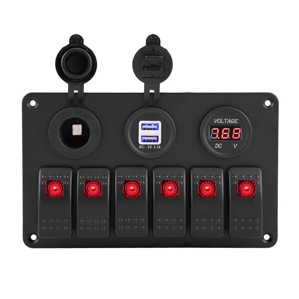 12V 24V 6 Gang Car Boat Marine LED Rocker Switch Panel Dual USB Voltmeter Cigarette Lighter