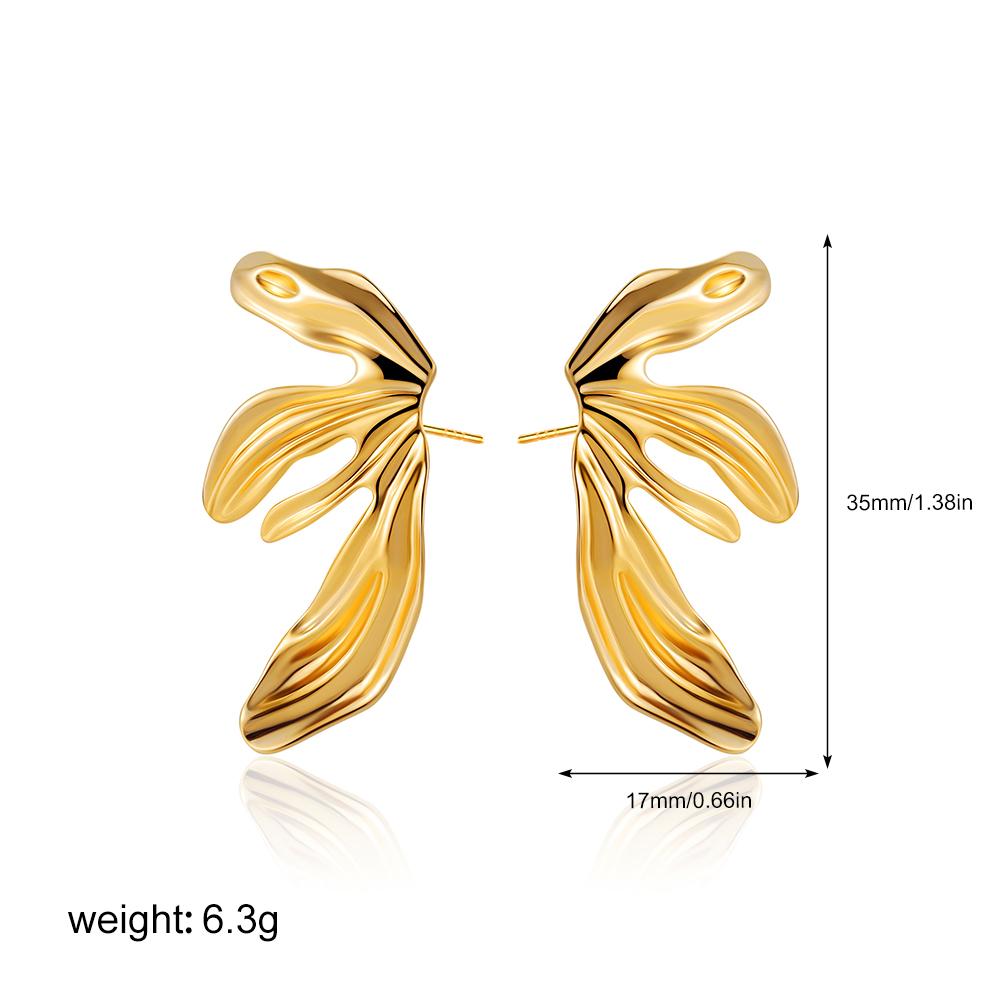 

Vintage Stainless Steel Lily Leaves Stud Earrings for Women Irregular Texture Gold Color Wings Metal Chic Waterproof Zircon