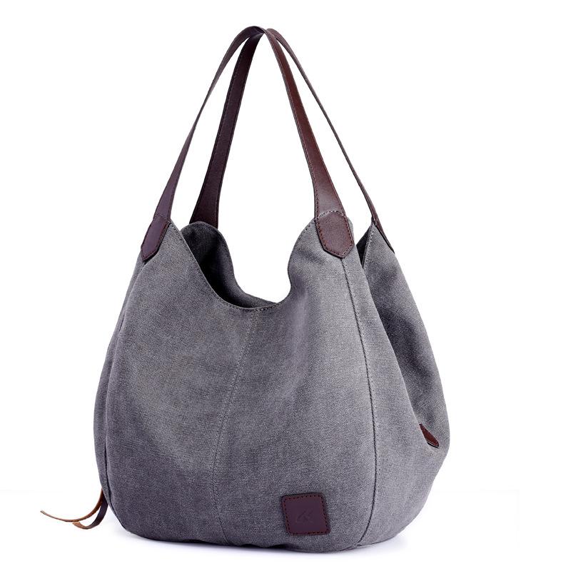Large Capacity Canvas Tote Bag with Three-Layer Pockets - Ladies' Casual Shoulder Handbag