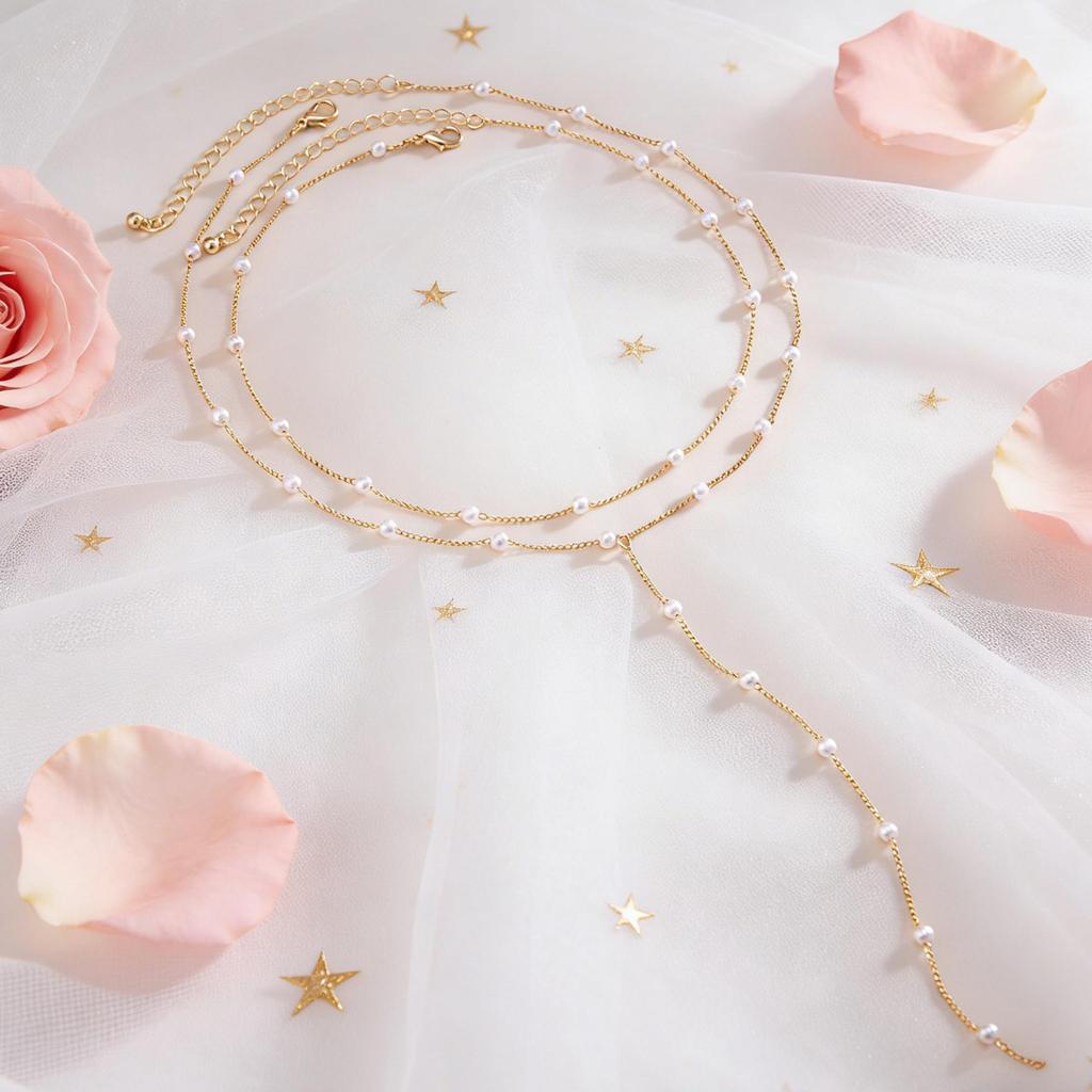 European & American Simple Snake Bone Pearl Double Layer Necklace for Women