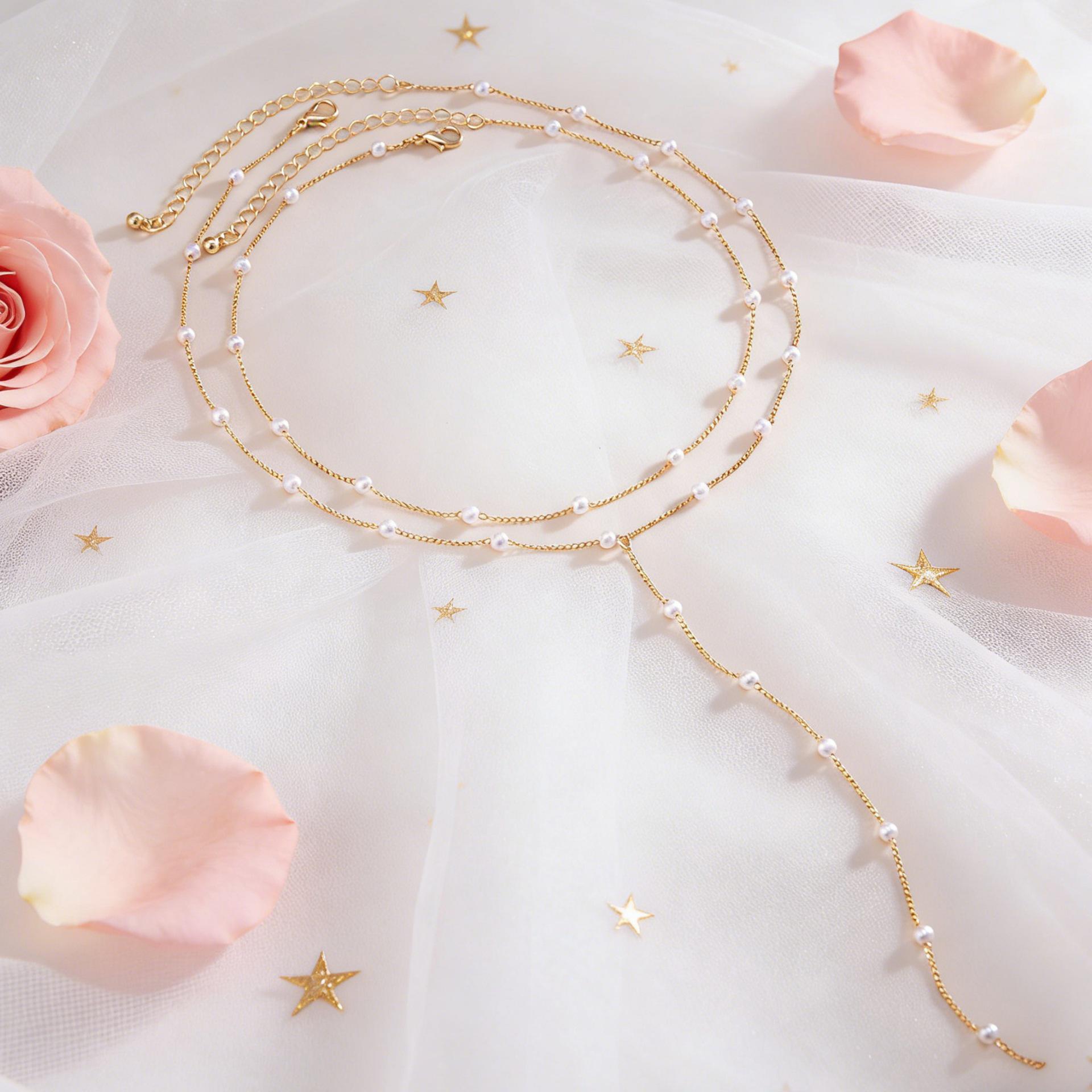 European & American Simple Snake Bone Pearl Double Layer Necklace for Women