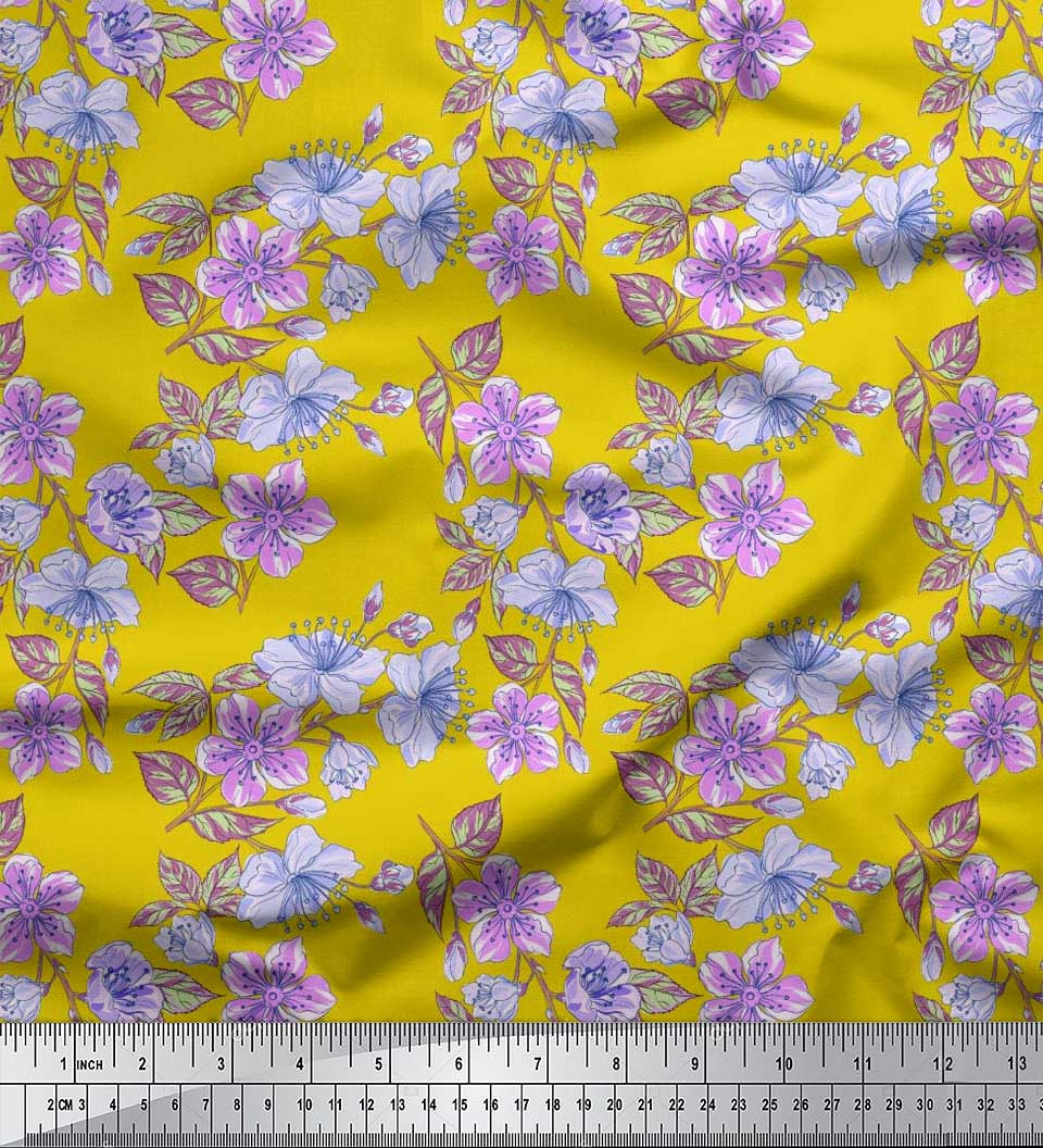 

Тканина Soimoi Japan Crepe Satin Leaves & Buttercup Floral Fabric Prints на метр 42 дюйма 42 Inch Wide - Poly Crepe жовтий