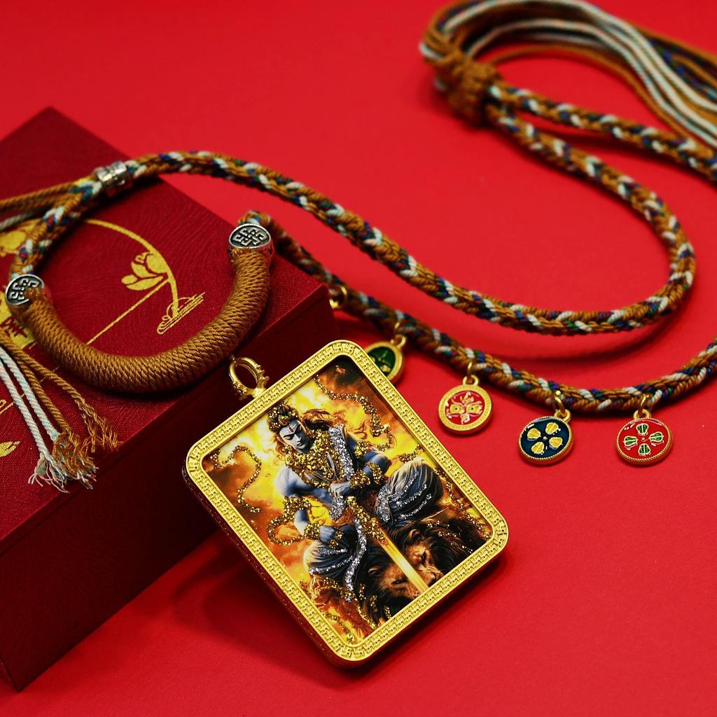 Hand-Painted Gold Thangka Zodiac Amulet Necklace with Guardian Deities Pendant