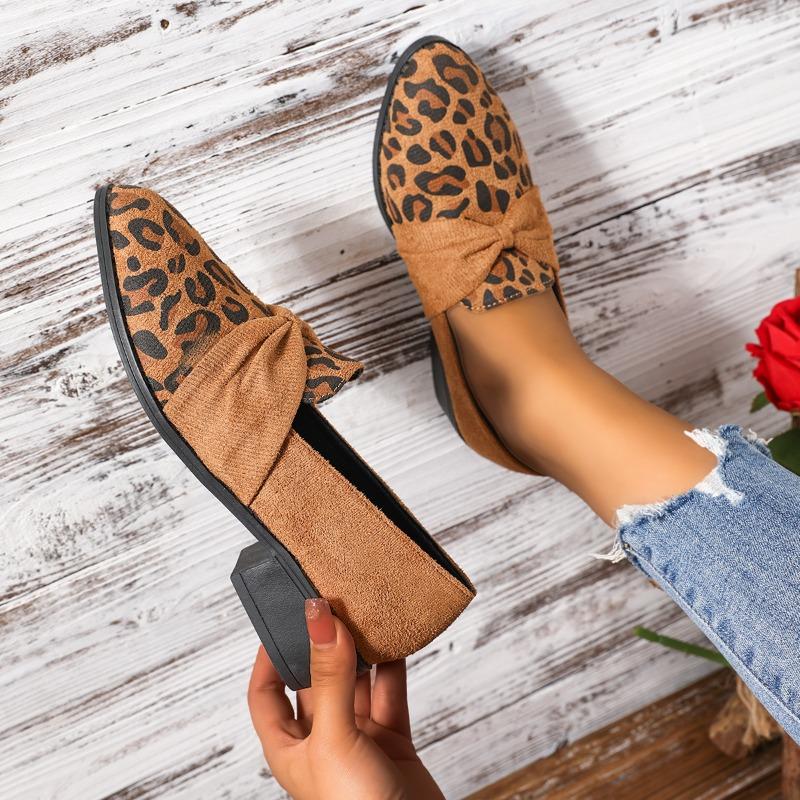 Women's Leopard Print Pointed Toe Chunky Heel Loafers, Slip-On Casual Flats, Plus Size Shoes