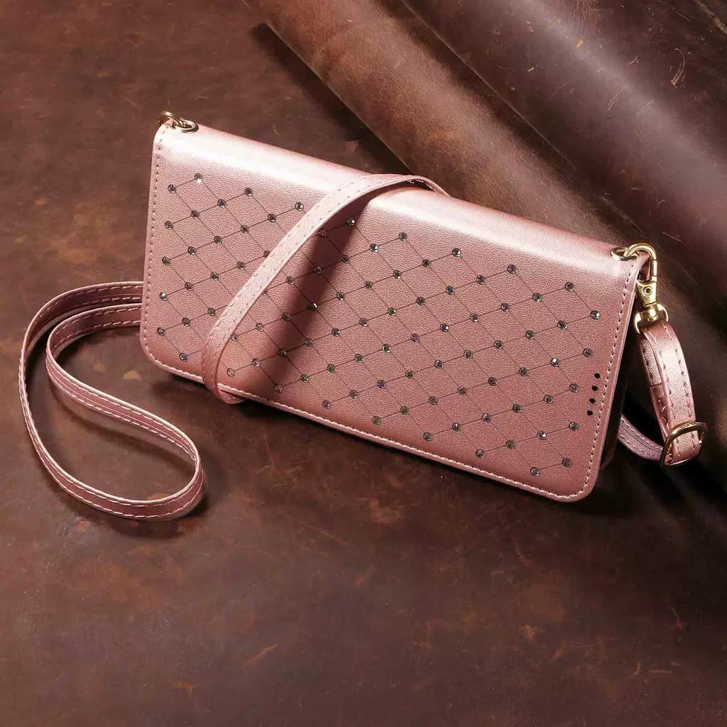 Diamond Lattice Sewing Thread Wallet Holder Phone Case with Card Slot for Samsung S26ultra PU Leather Case with Strap