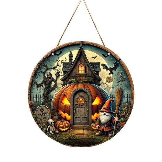 Thanksgiving Yard Display Halloween Wooden Sign,Round Hanging Pendant with Lanyard, Retro Distressed Holiday Home Ornament Wood Skeleton/Pumpkin/Clown