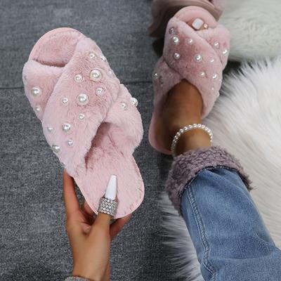 Moda de Invierno para Mujer Zapatillas Casuales para el Hogar Indoor Chanclas Femeninas Zapatos Peludos Diseño Cruzado Chanclas de Felpa Cálida para Señora