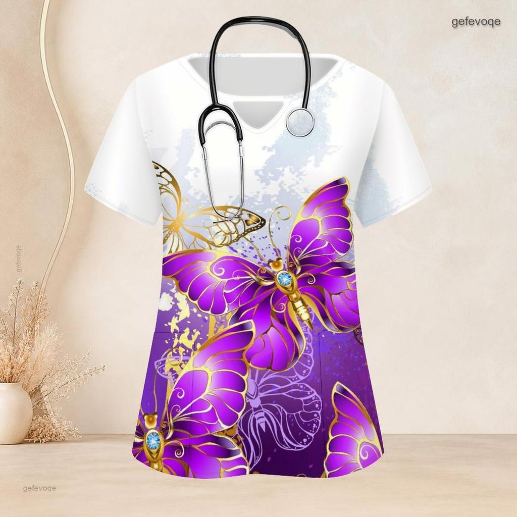 Women Plus Size Keyhole Neck Short Sleeve Printed Scrub Top With Front Pockets Black Gradient