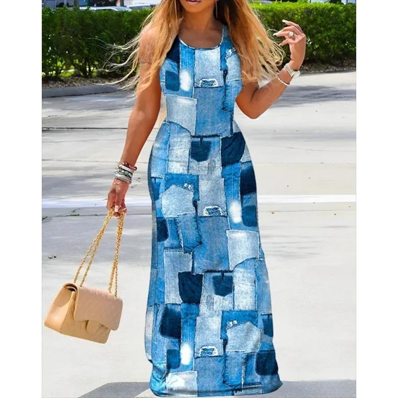 

Women 2024 New Dress Denim Look Print U-Neck Maxi Dress XL