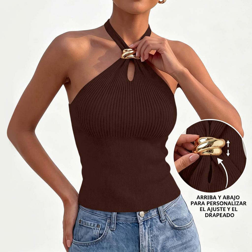 Women Sleeveless Ribbed Knit Halter Neck Crop Top with Metal Ring Buckle Slim Fit Stretchy Summer Casual Tank Top