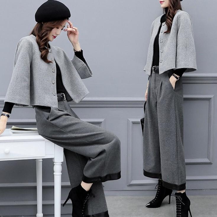 Women's Autumn and Winter Plus Size Two-piece Pants Woolen Short Jacket Wide-leg Pants Casual Fashion Suit Women's Trend