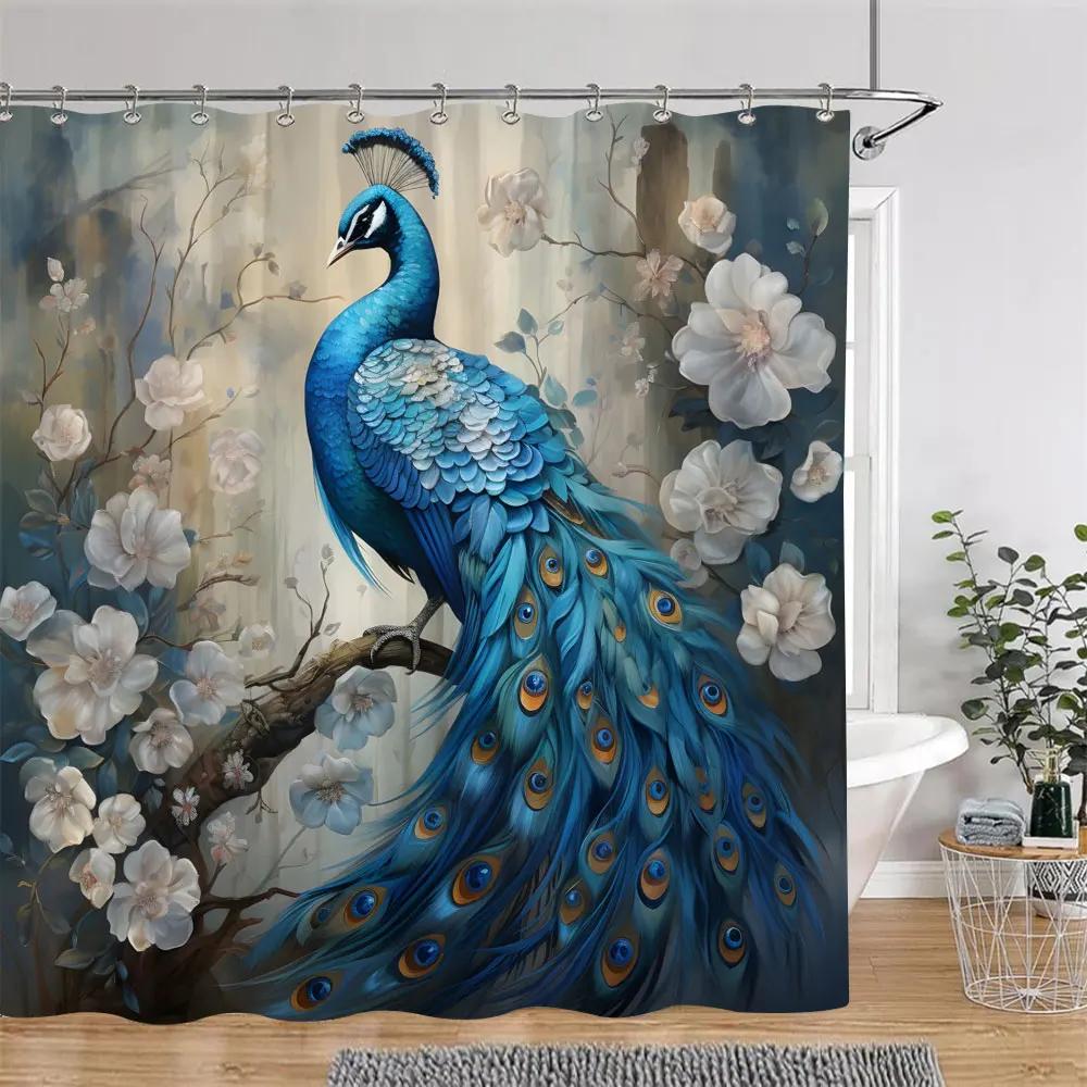 Vintage Peacock Shower Curtain Beautiful Turquoise Blue Peacock Floral Polyester Fabric Shower Curtain Bathroom Decor with Hooks