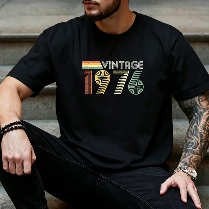 Unisex Retro Vintage 1976 Rainbow Distressed Graphic T Shirt 70s Nostalgic Birthday Daily Streetwear Top