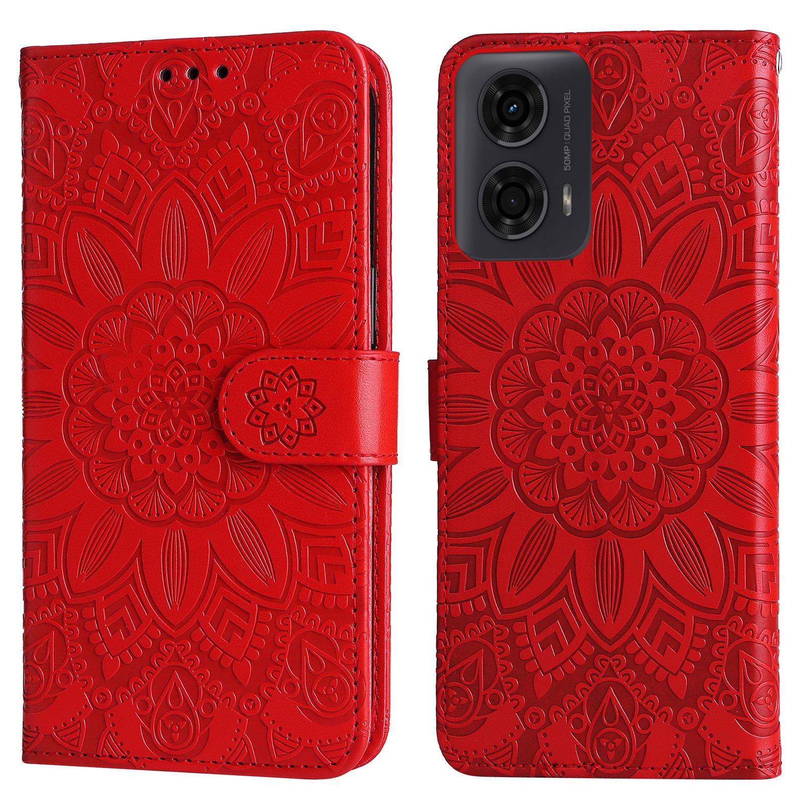 

Кожаный чехол для Motorola Moto G04 4G/G04s 4G/G24 4G/E14 4G с тиснением подсолнуха, кошелек, чехол для телефона Red