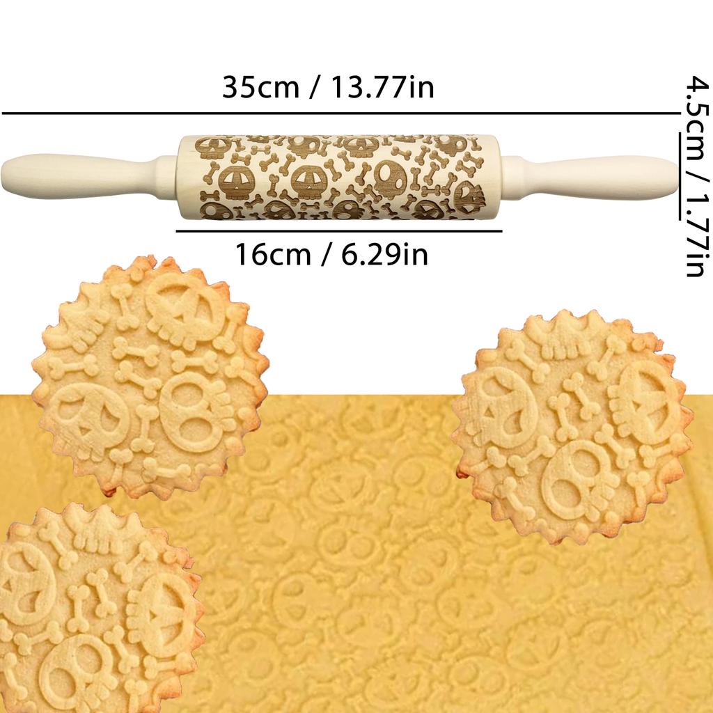 Halloween Rolling Pin with Pumpkin Skull Ghost, Wooden Embossed 3D Cookie Mold Laser Engraved DIY Baking Tools Dough Roller