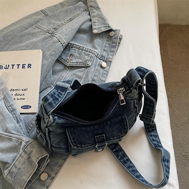 Borsa a tracolla in denim da donna, alla moda, per tutti i giorni, con tasca frontale, stile casual, borsa a mano