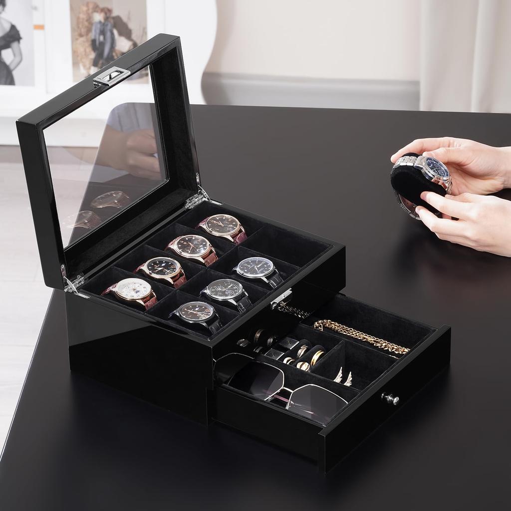 ProCase Watch Box Wooden Watch Watch Holder Organizer with Drawer and Display 8-Slot Case, Men's Case, 8-Slot Dual-Tier