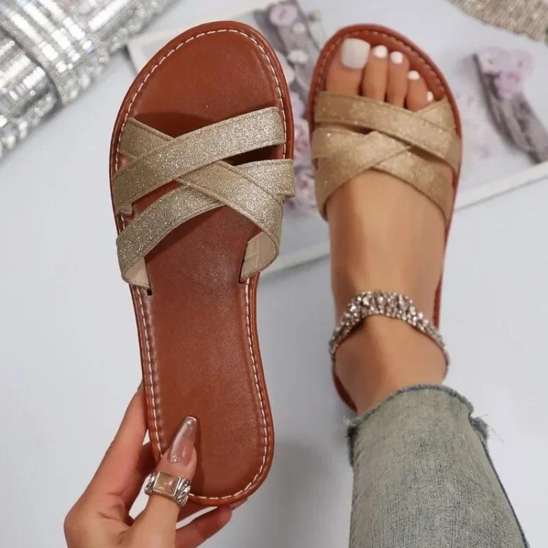 

Blue Denim Fashion Women Flat Heel Sandals Elastic Band Summer Shoes for Woman Sweet Casual Shoes Plus Size 43 Luxury Slippers 36 золотий