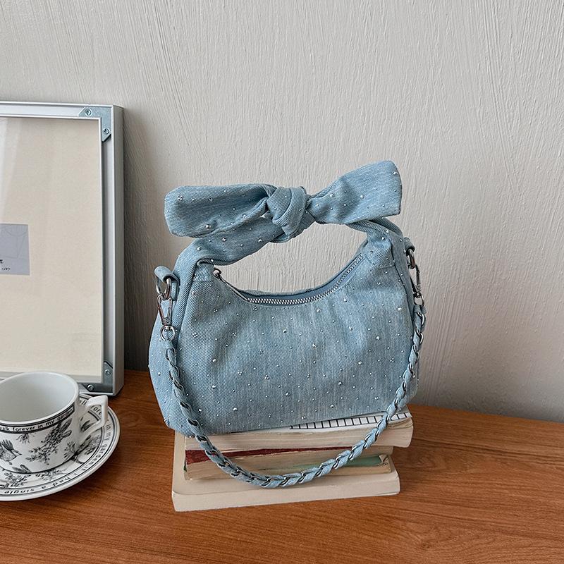 

Popular diamond-encrusted handheld dumpling bag bow fashion versatile messenger bag exquisite light luxury retro super fire small bag 22*11*15 світло-синій колір