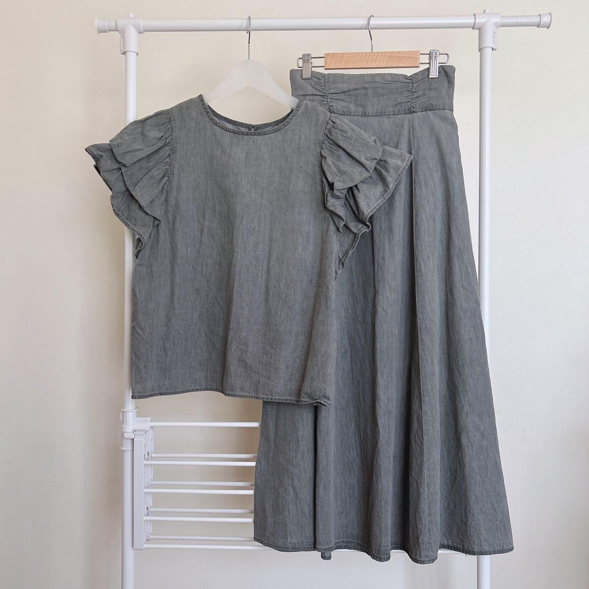 earth music&ecology ruffle sleeve denim style setup