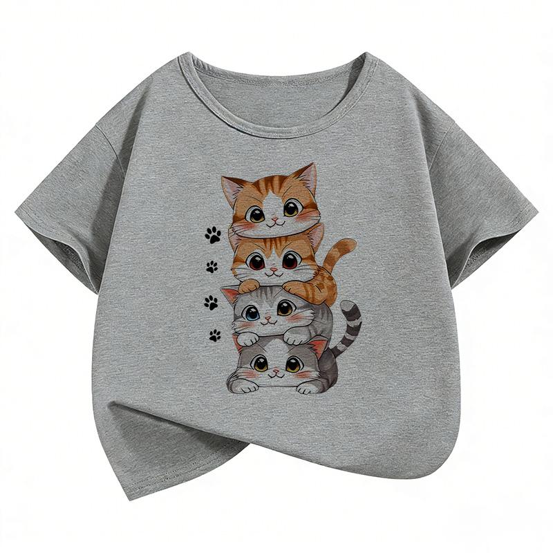 Girls Cute Stacked Kitten Kids Cotton TShirt Cartoon Cat Print Casual Tee Kawaii Animal Graphic Summer Tops 110