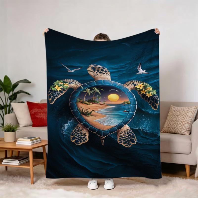 Dark Blue Dual Turtle Blue Hibiscus Fleece Blanket For Elegant Bedroom Decor Lightweight Plush Throw Blanket Cover