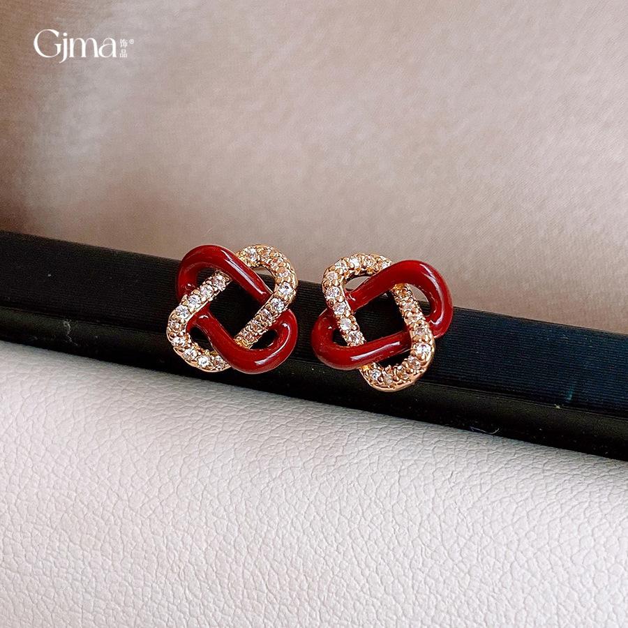 18K electroplated red drip cross zircon stud earrings versatile earrings light luxury earrings women