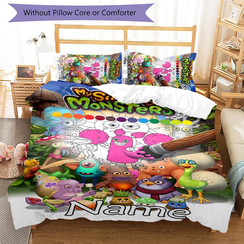 3pcs Custom Name Cartoon My Singing Monsters Bedding Set Duvet Cover Closure Includes 1 Duvet Cover & 2 Pillowcases for All Seasons Bedroom Decor