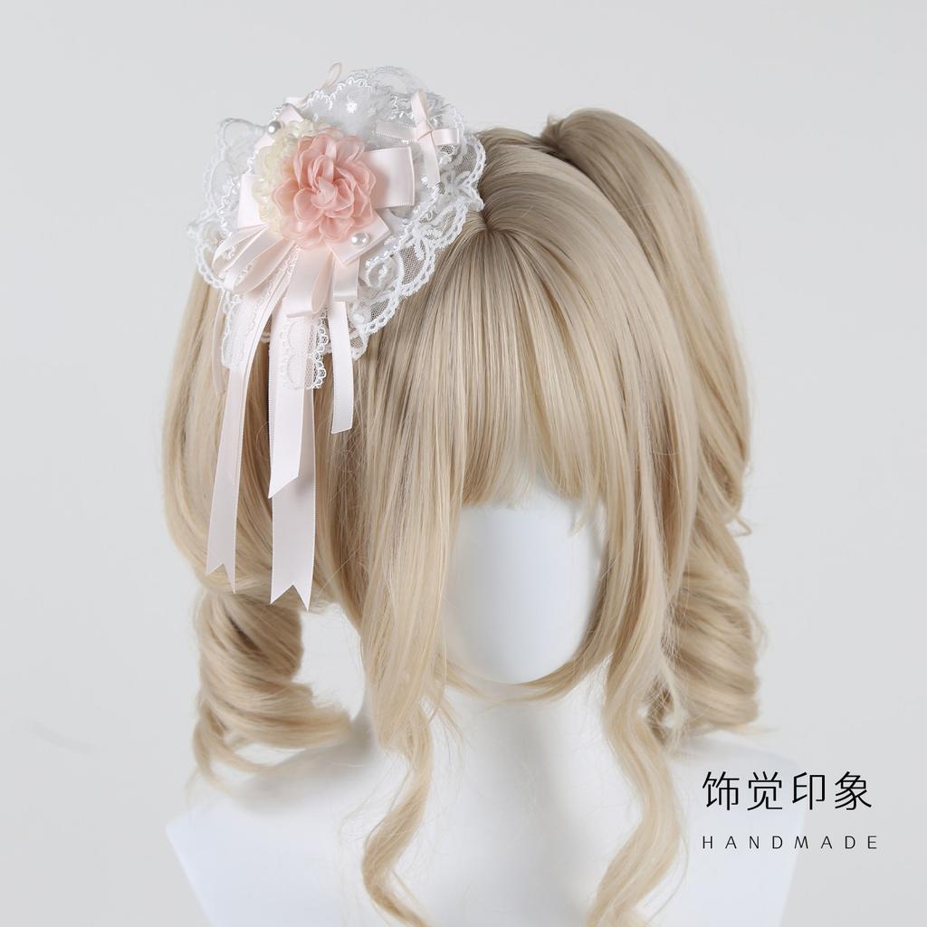 Sweet Lace Bow Handmade Headdress Pink Lolita Headband Top Hat Kc Set
