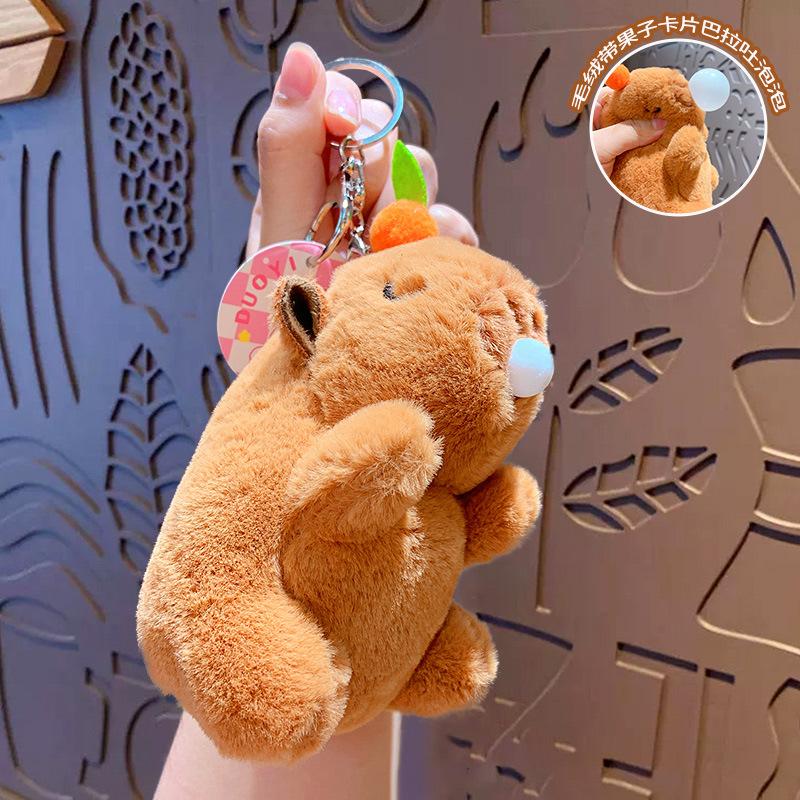 Cartoon Plush With Fruit Kapibara Spit Bubble Keychain Couple Schoolbag Pendant Car Key Chain
