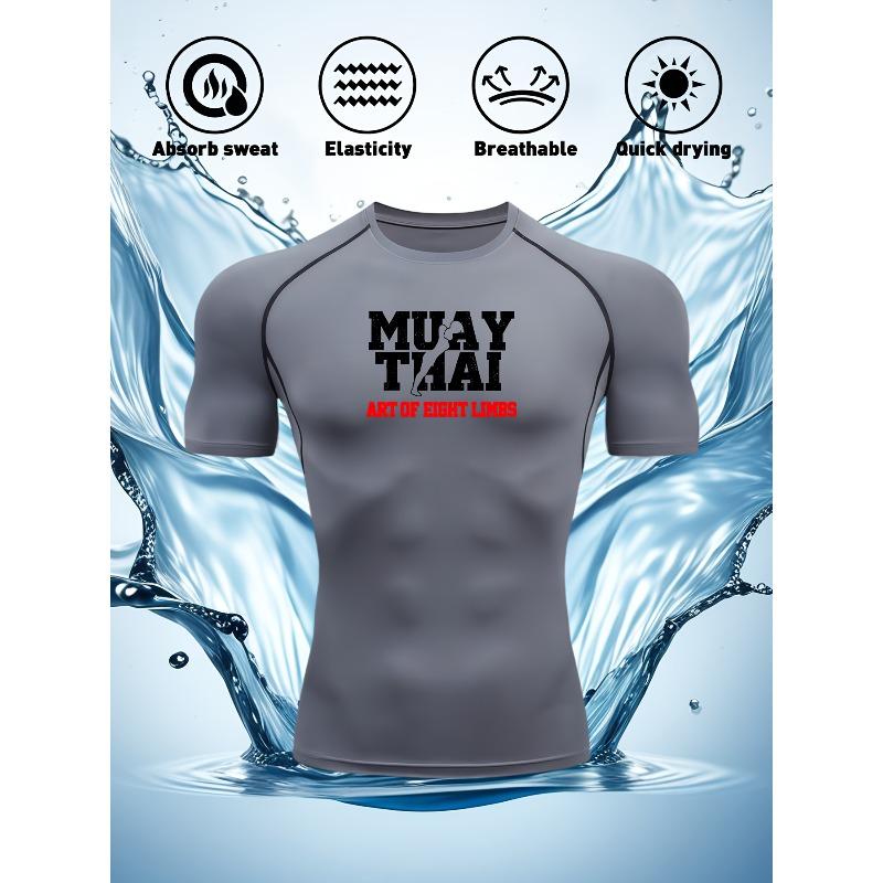 Men's Navy Blue Compression T-Shirt with "MUAY THAI Art of Eight Limbs" Print, Elastic Quick Drying Breathable Muay Thai & MMA Training Top