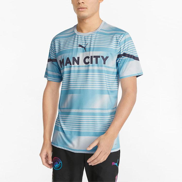Puma MCFC CNY Rabbit Year Series Pre-Match Striped Short Sleeve T-Shirt Men Tops Light-Blue 765178-01