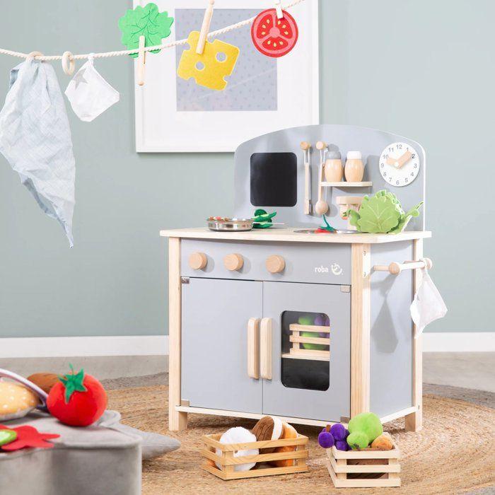 Cuisine enfant en bois - ROBA - Avec plaque de cuisson, four, évier, accessoires et horloge - Gris / Naturel