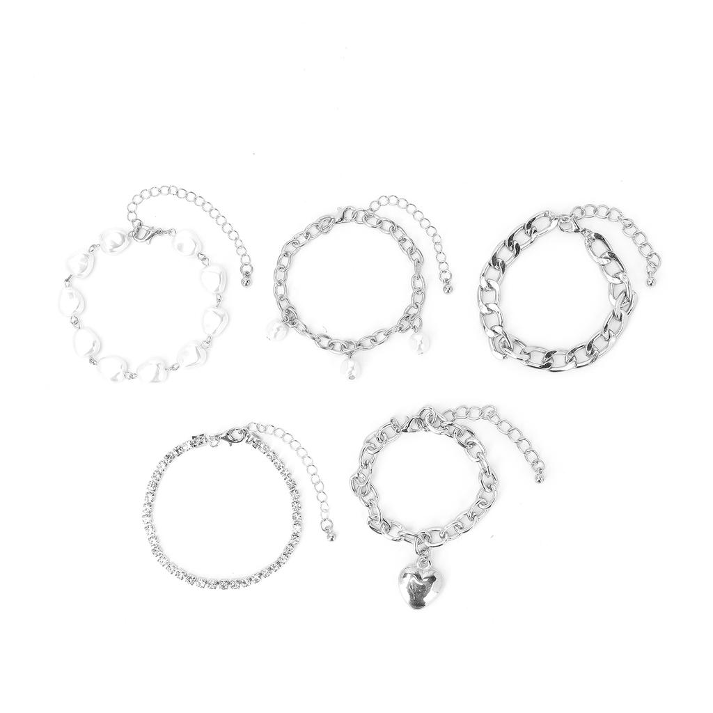 5pcs Elegant Bracelet Set Imitation Pearls Heart Alloy Fashionable Hip Hop Bracelet