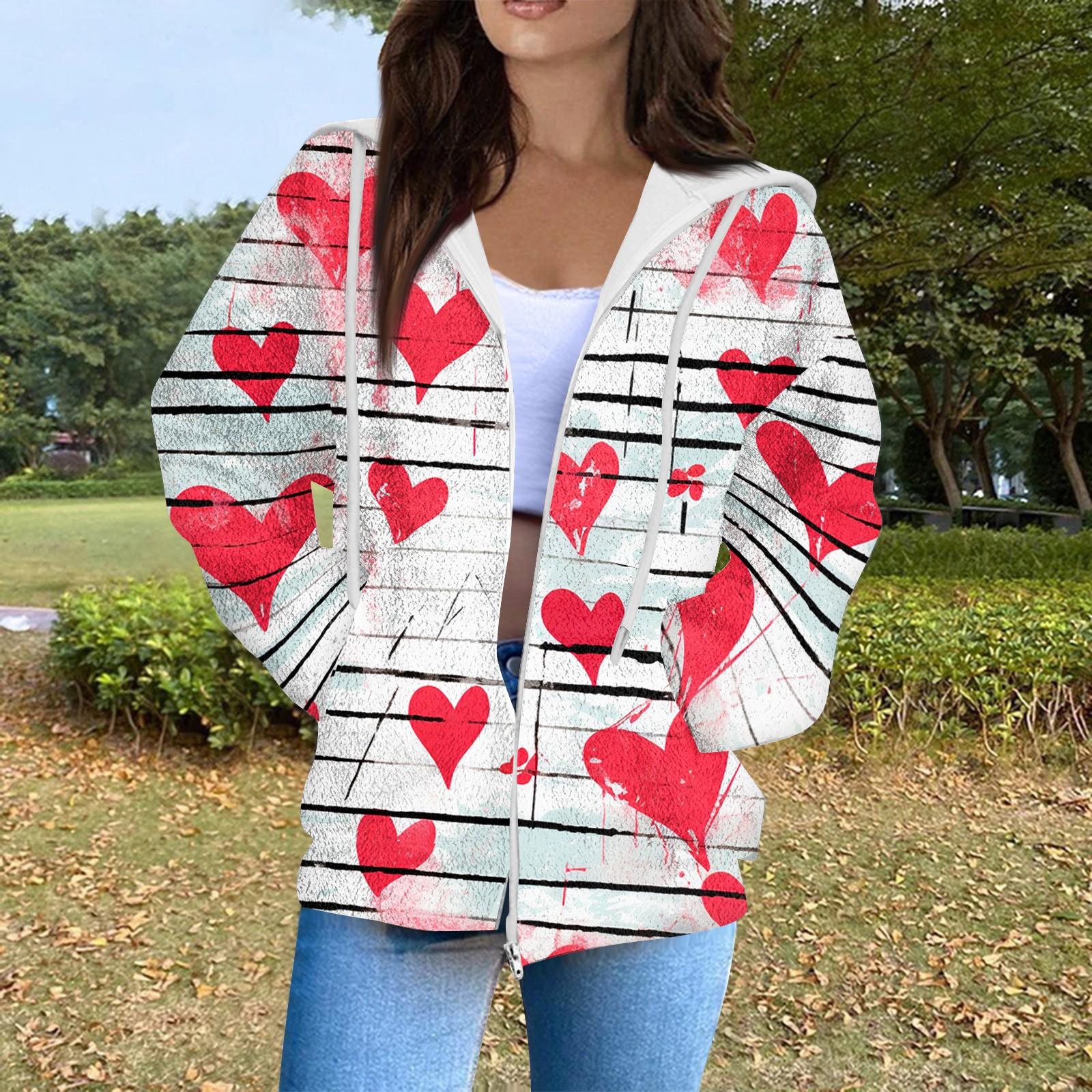 

Женская мода повседневная куртка-кардиган с длинным рукавом и принтом ко Дню святого Валентина с карманом на молнии XXL красный