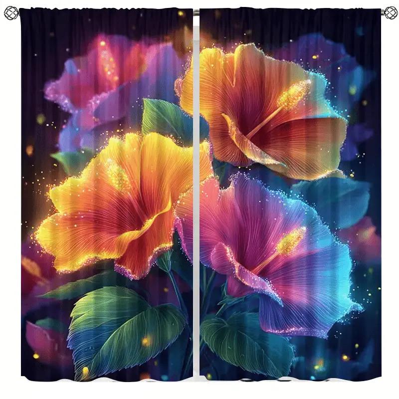 2pcs, Polyester Material, Vibrant Colorful Flower and Leaf Pattern Print, Light Filter Curtains, Suitable for Bedroom, Living