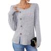 Autumn Winter Solid Color Round Neck Button Long Sleeved Loose T-shirt Top for Women Shirt