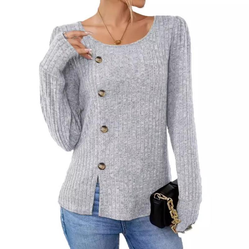 Autumn Winter Solid Color Round Neck Button Long Sleeved Loose T-shirt Top for Women Shirt