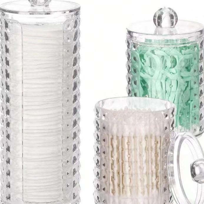 Bamboo Lid Cotton Swab & Makeup Remover Acrylic Storage Box: Includes Cotton Balls, Dental Floss, Round Box