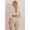 Women's Beige Straw Knit Belted Gabardine Shorts Alc-x10271