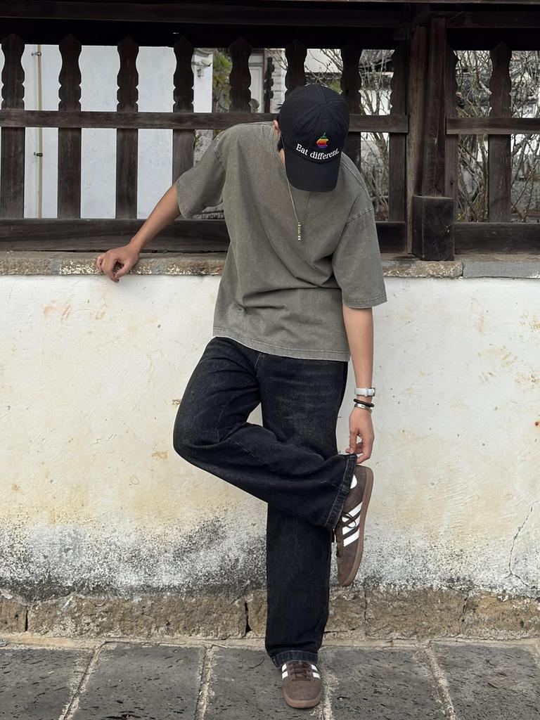 2025SS Fashion 8oz Clothes [CHANGE WELL] Men's Vintage-style Spring/Summer [Washed] Short-sleeved T-shirt Cut-and-sew (GREEN, L)