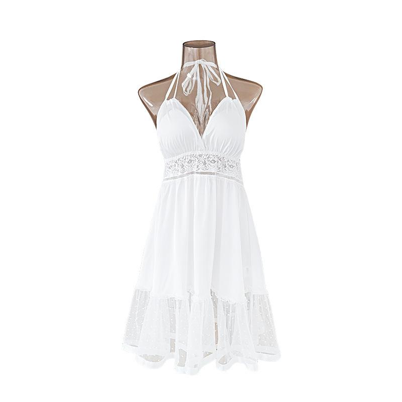 Reines Verlangen Weißes Netz-Camisole-Nachthemd Spitze Patchwork Gepunkteter Saum Tiefes V-Rückenfreies Pyjama 458 Süßes Verführerisches Nachtwäsche mit Klassischem Polka-Dot-Charme