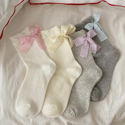 Female Summer Thin Model Sweet Heel Bow Mesh Hollow Out Breathable Bubble Mouth Tube Cotton Socks