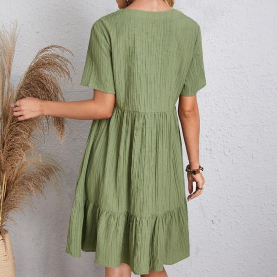 Summer Dress for Women Short Sleeve Pleated V Neck Dress Tiered Swing A Line Dress Casual Flowy Beach