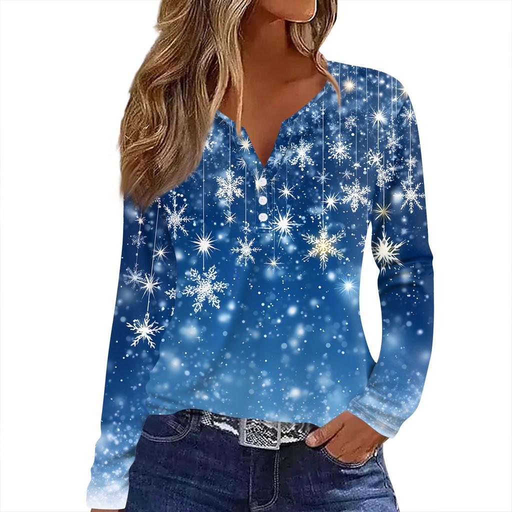 Damen T-Shirt mit Weihnachtsdruck, Knopfleiste, lange Ärmel, für den Alltag, Wochenende, modisch, Basic, V-Ausschnitt, normales Oberteil