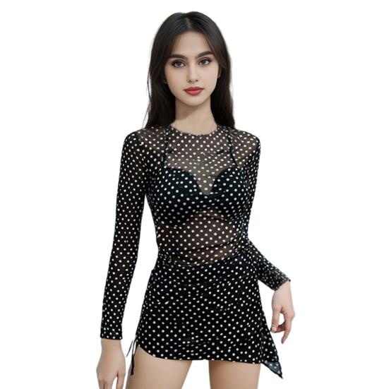 

Набір із 3 предметів Жіночий купальник Набір з топом-халтер з м якими чашечками та кісточками, купальні шорти з високою талією, з принтом у горошок, накидка-сукня, пляжний одяг для відпустки XL чорний