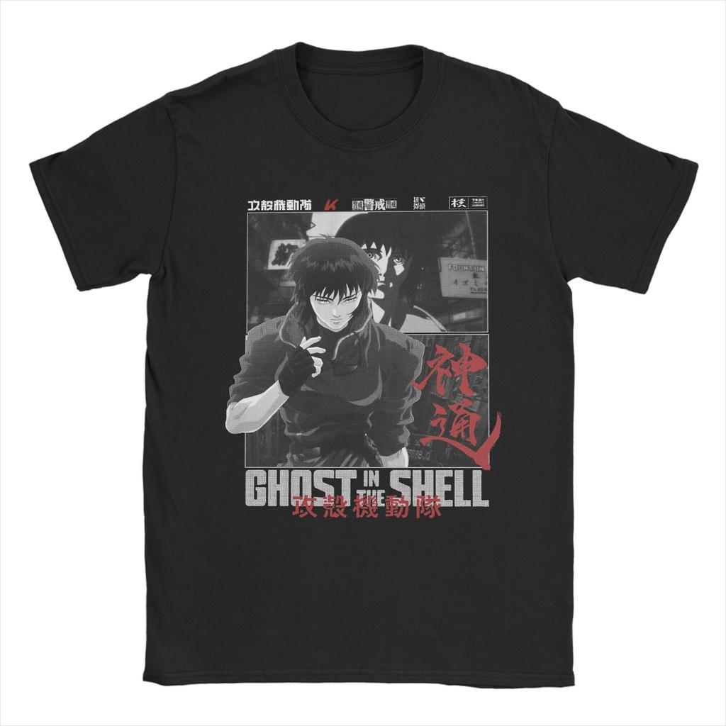 2026 Summer Ghost In the Shell Major & Japanese Text Print T-Shirt Oversized Black Streetwear Cotton Tee Anime Sci-Fi Aesthetic