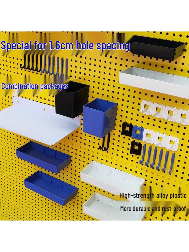 

Round Hole Board Accessory Kit: 1.6cm Spacing Hooks, Storage Box, Tray, Shelf, Hanging Basket - Complete Set. White Four-claw Hook - 1 pc